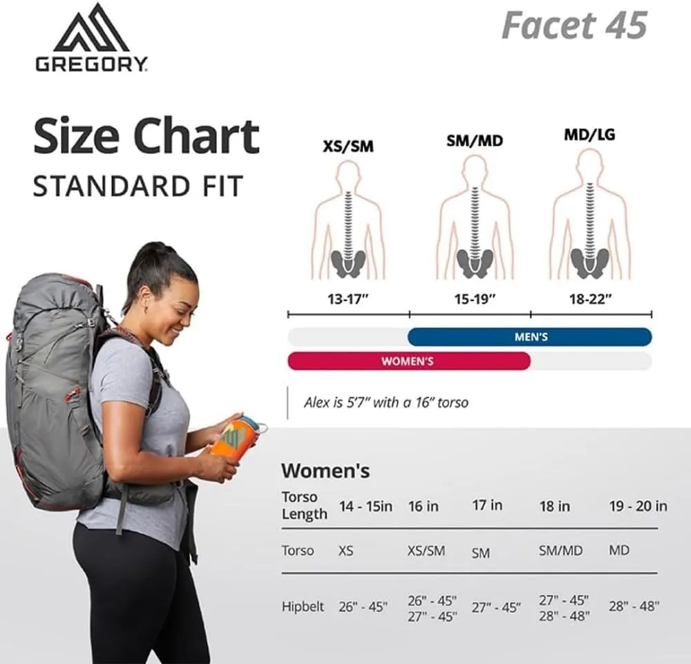 Gregory Facet 55L Women's Ultralight Backpacking Pack with Freefloat Suspension, Aluminum Frame, Ventilated Backpanel, Medium, Sunset Grey