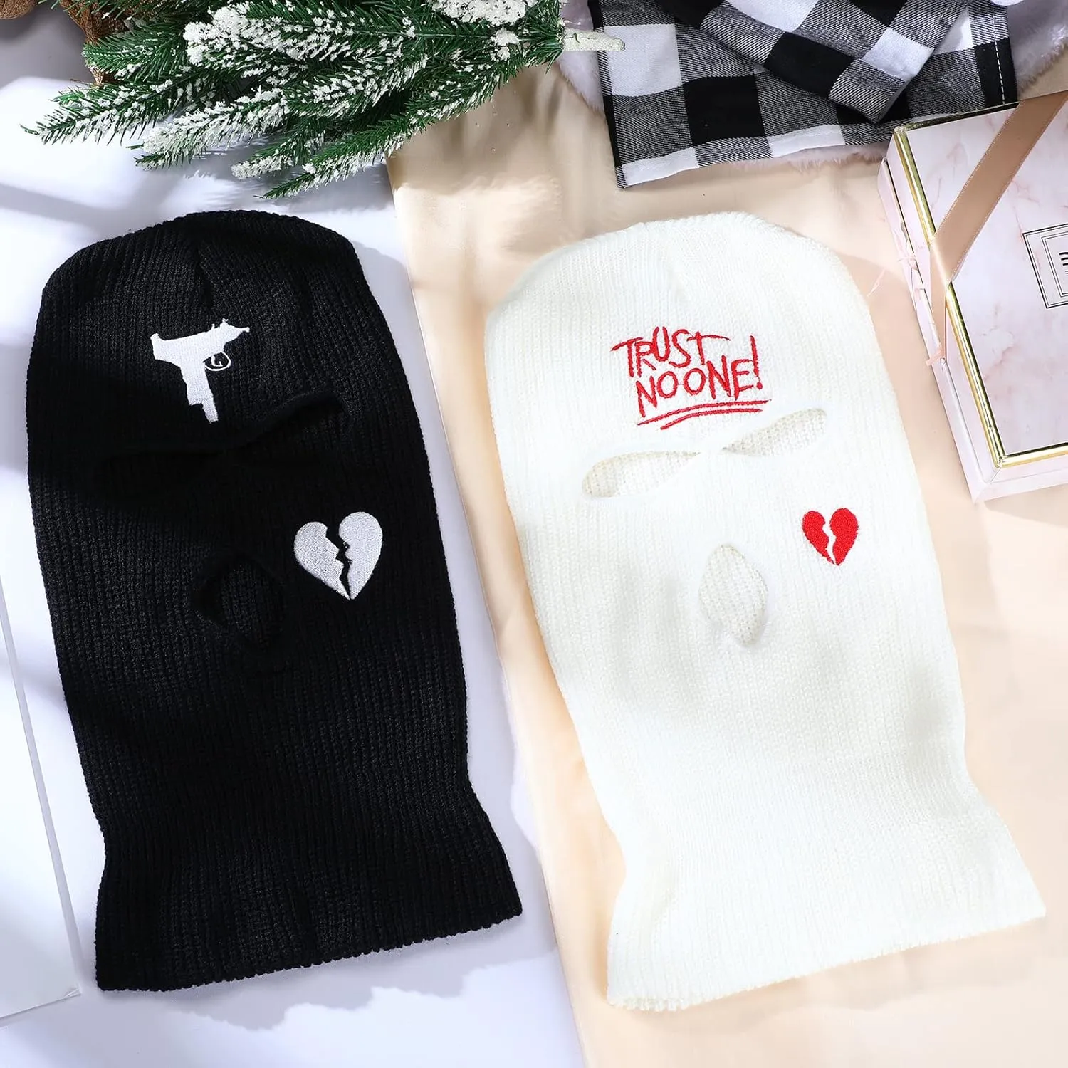 Handepo 2 Pcs 3 Hole Ski Mask Winter Warm Balaclava Full Face Knit Ski Hat Mask Knitted Full Face Cover for Men Women