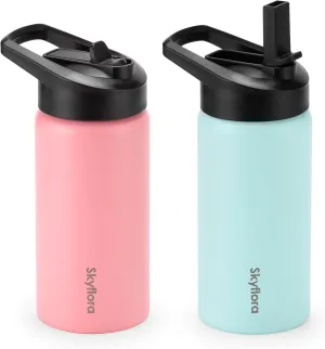 Kids Water Bottle with Straw 2 Pack, 16oz Water Bottles Bulk, Single Wall 18/8 Stainless Steel, Dishwasher Safe & Leakproof, Reusable Gift for Girls Boys to School Sports Travel Camping, Pink & Green