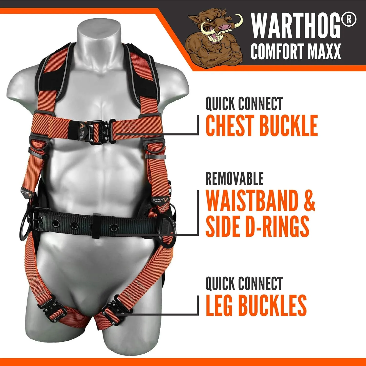 Malta Dynamics Warthog Comfort MAXX - Safety Harness for Construction  Fall Protection Equipment with Removable Belt and Lumbar Support, Side D-Rings, and Padding, OSHA & ANSI Compliant (S-M)