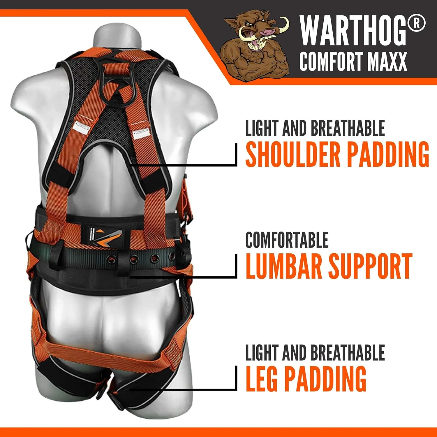 Malta Dynamics Warthog Comfort MAXX - Safety Harness for Construction  Fall Protection Equipment with Removable Belt and Lumbar Support, Side D-Rings, and Padding, OSHA & ANSI Compliant (S-M)