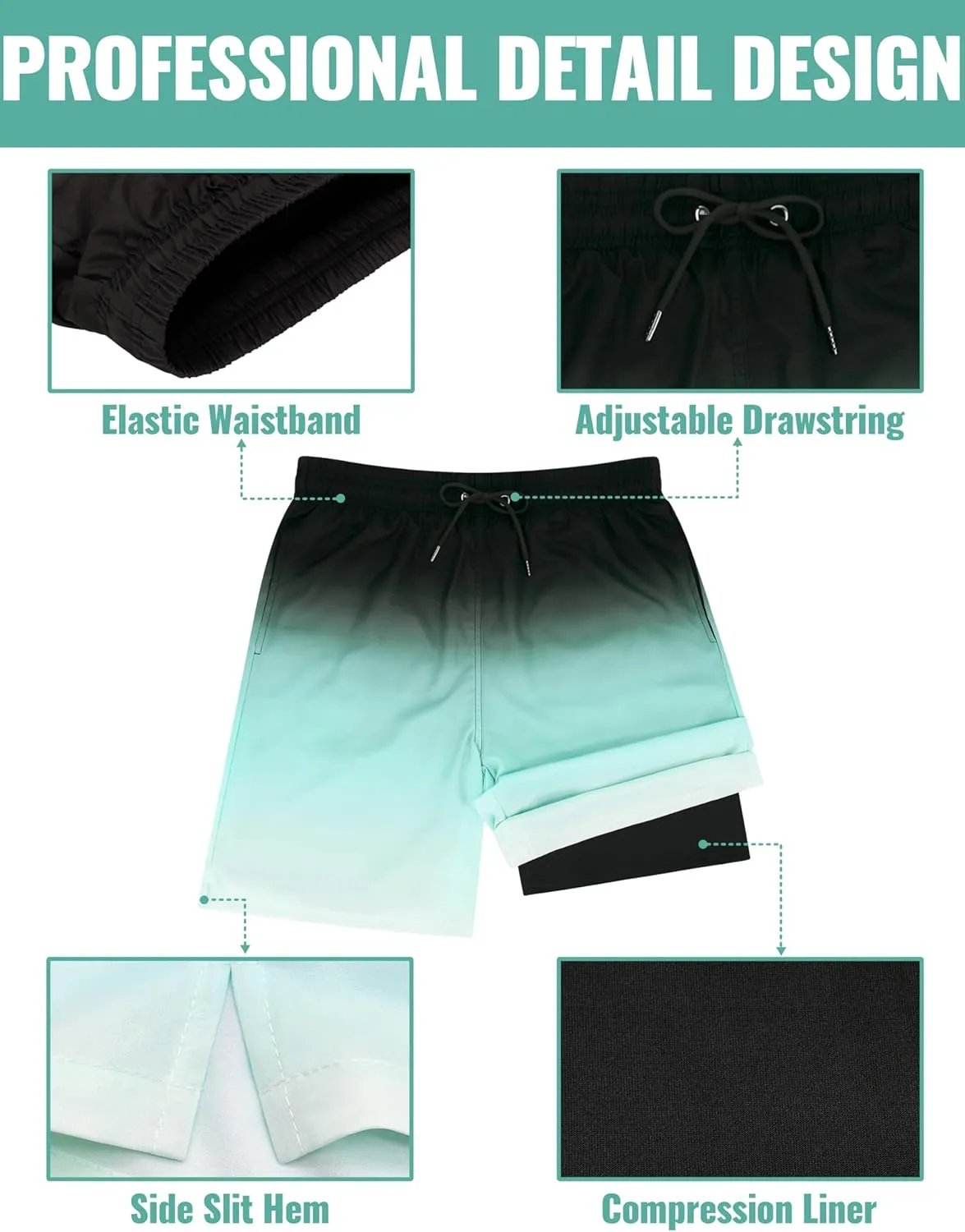 Mens Swim Trunks with Compression Liner Mens Bathing Suit 9 Inch Quick Dry Mens Board Shorts Swimwear Mens Swim Shorts