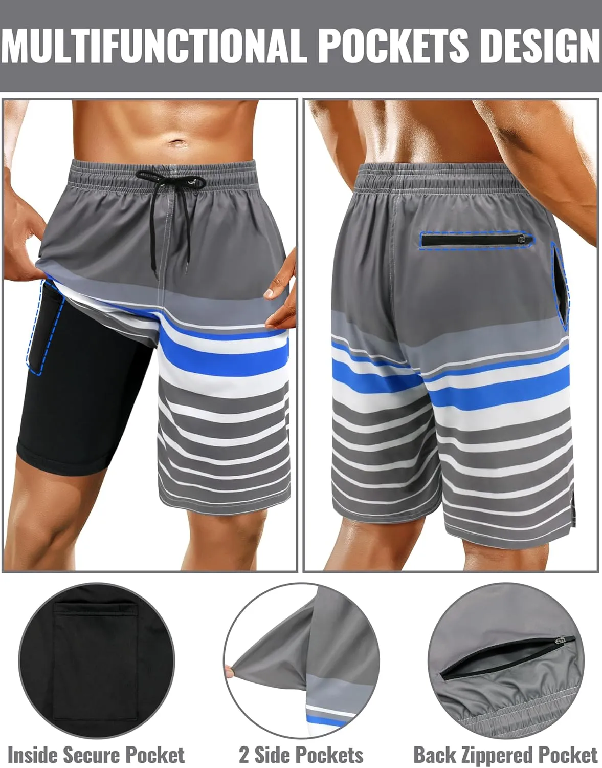 Mens Swim Trunks with Compression Liner Mens Bathing Suit 9 Inch Quick Dry Mens Board Shorts Swimwear Mens Swim Shorts