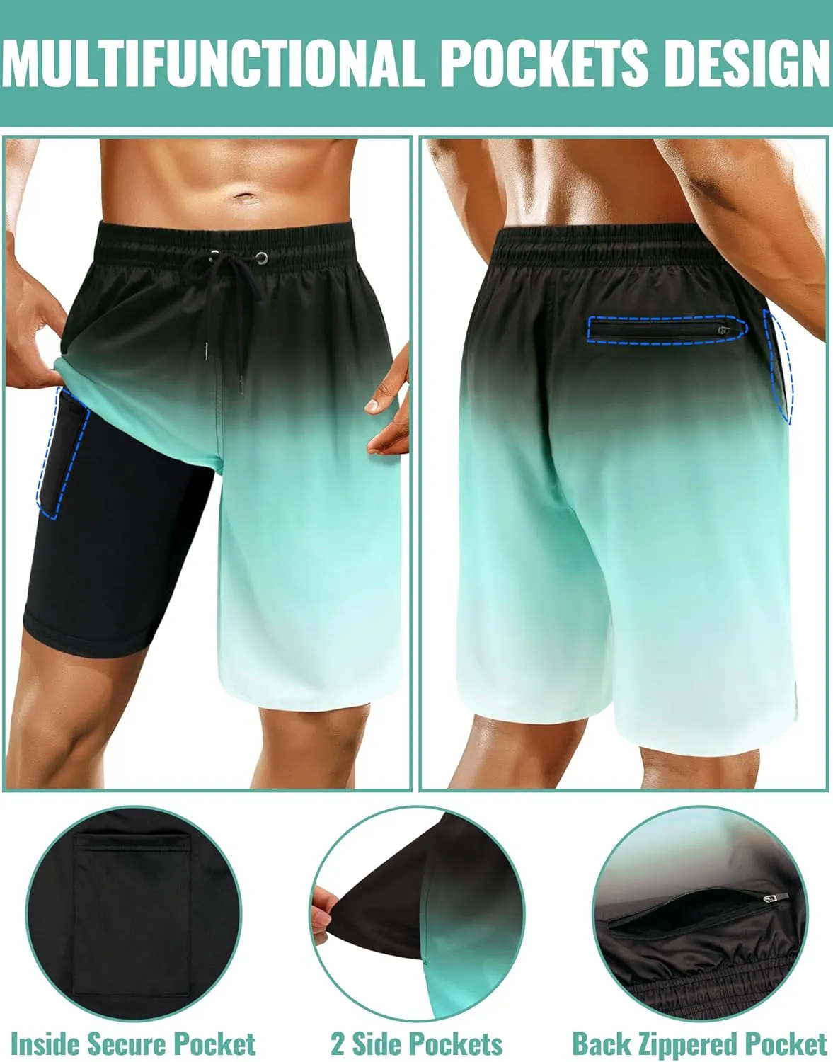 Mens Swim Trunks with Compression Liner Mens Bathing Suit 9 Inch Quick Dry Mens Board Shorts Swimwear Mens Swim Shorts