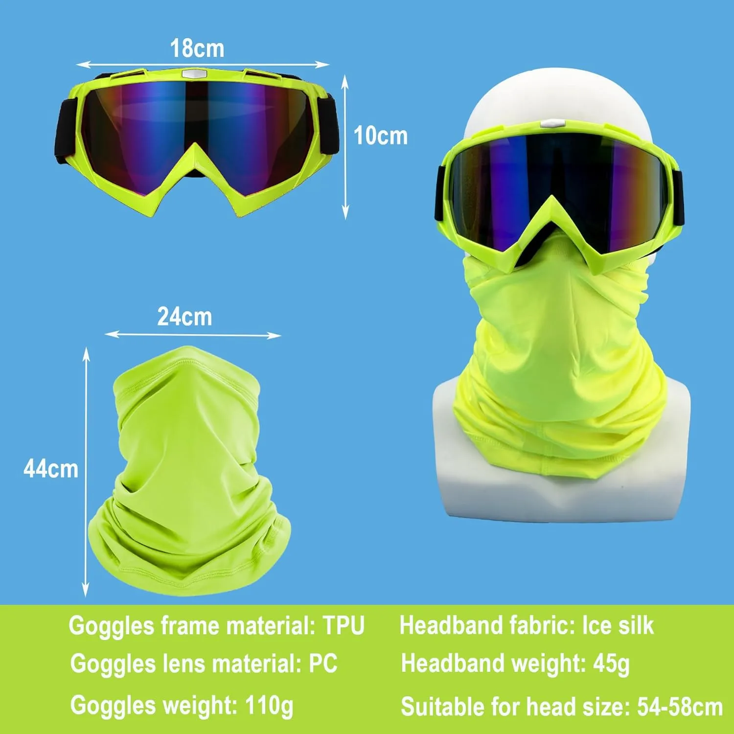 Motorcycle Goggles Dirt Bike ATV Off-Road Riding Motocross Glasses with Sun UV Protection Neck Gaiter Face Cover