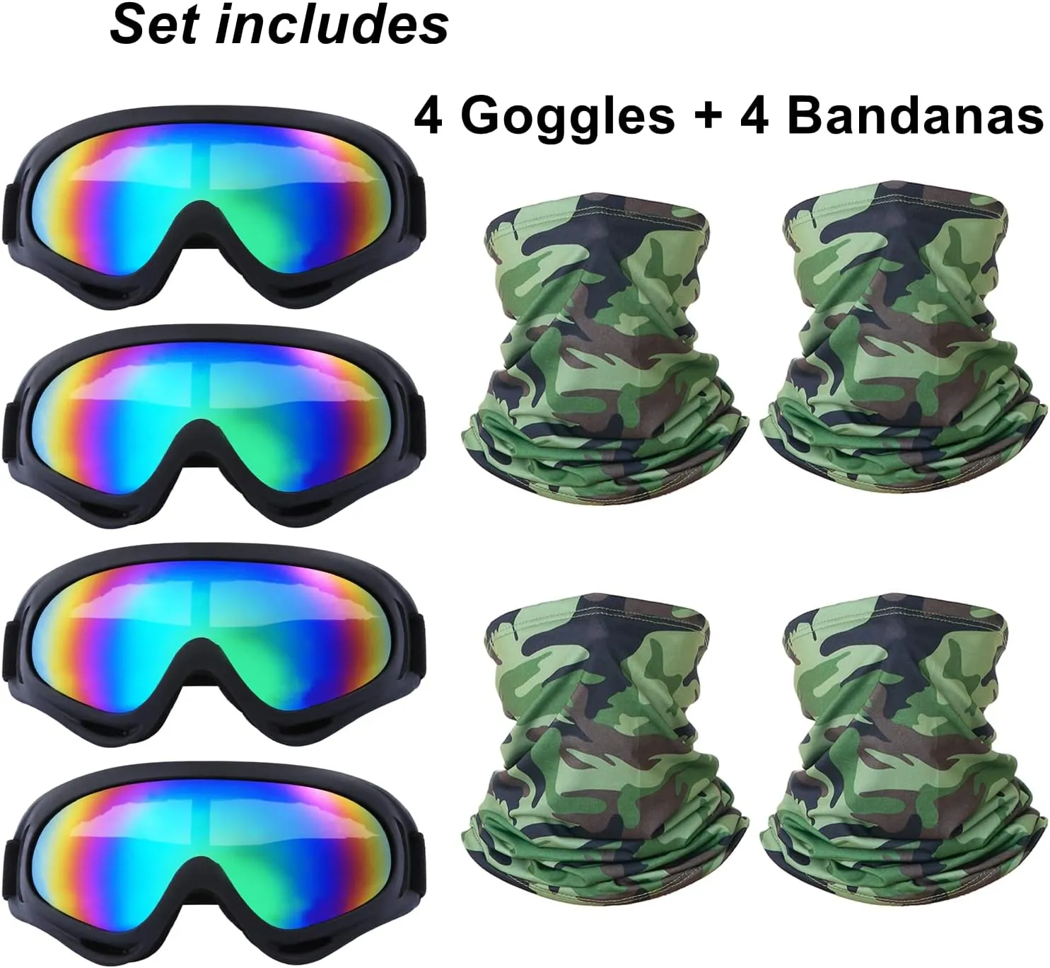 Motorcycle Goggles,4 Pack Dirt Bike ATV Motocross Riding Offroad Protective with 4 Pack Neck Breathable Bandana Mask for Men Women Kids Youth Adult