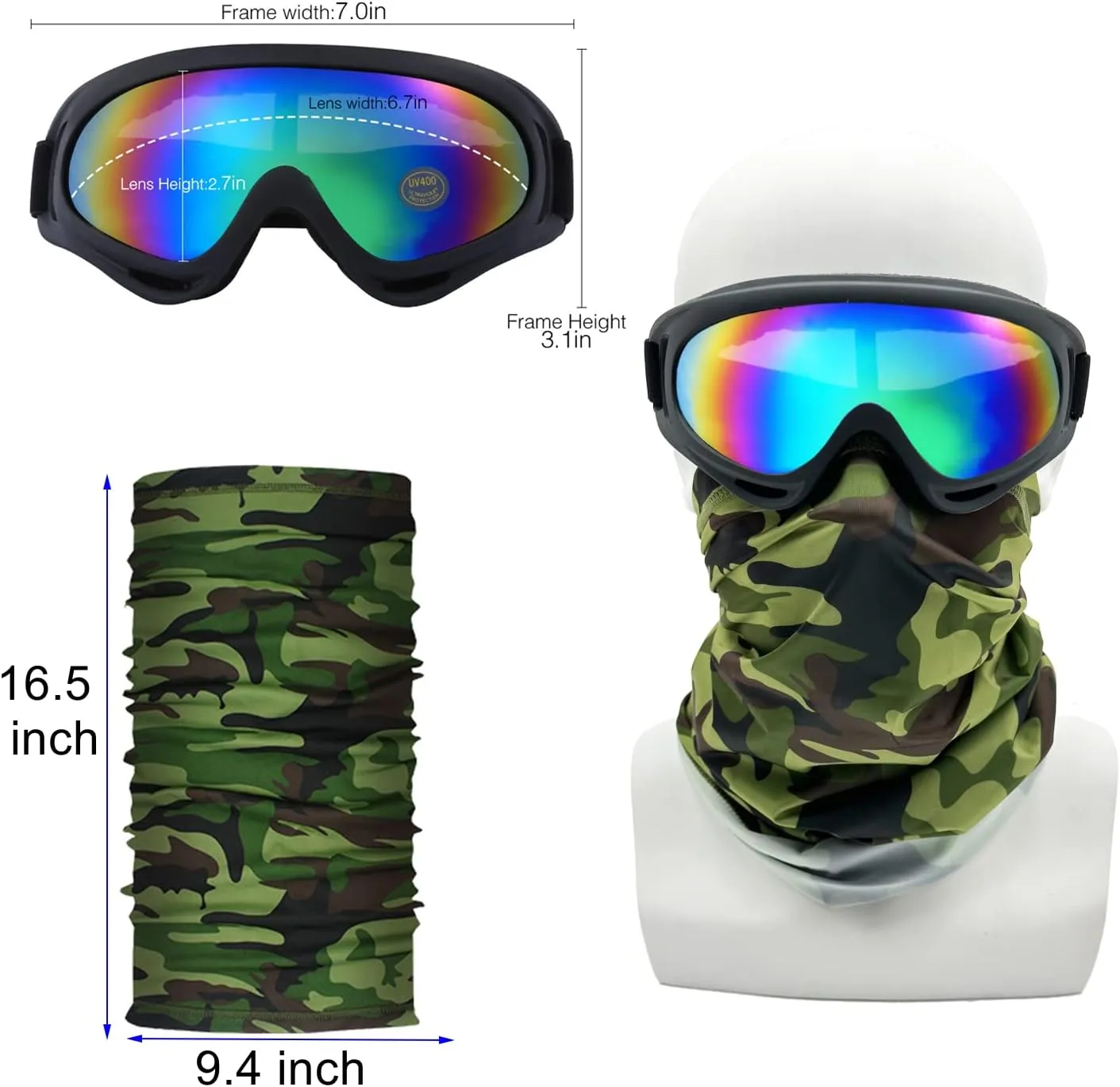 Motorcycle Goggles,4 Pack Dirt Bike ATV Motocross Riding Offroad Protective with 4 Pack Neck Breathable Bandana Mask for Men Women Kids Youth Adult