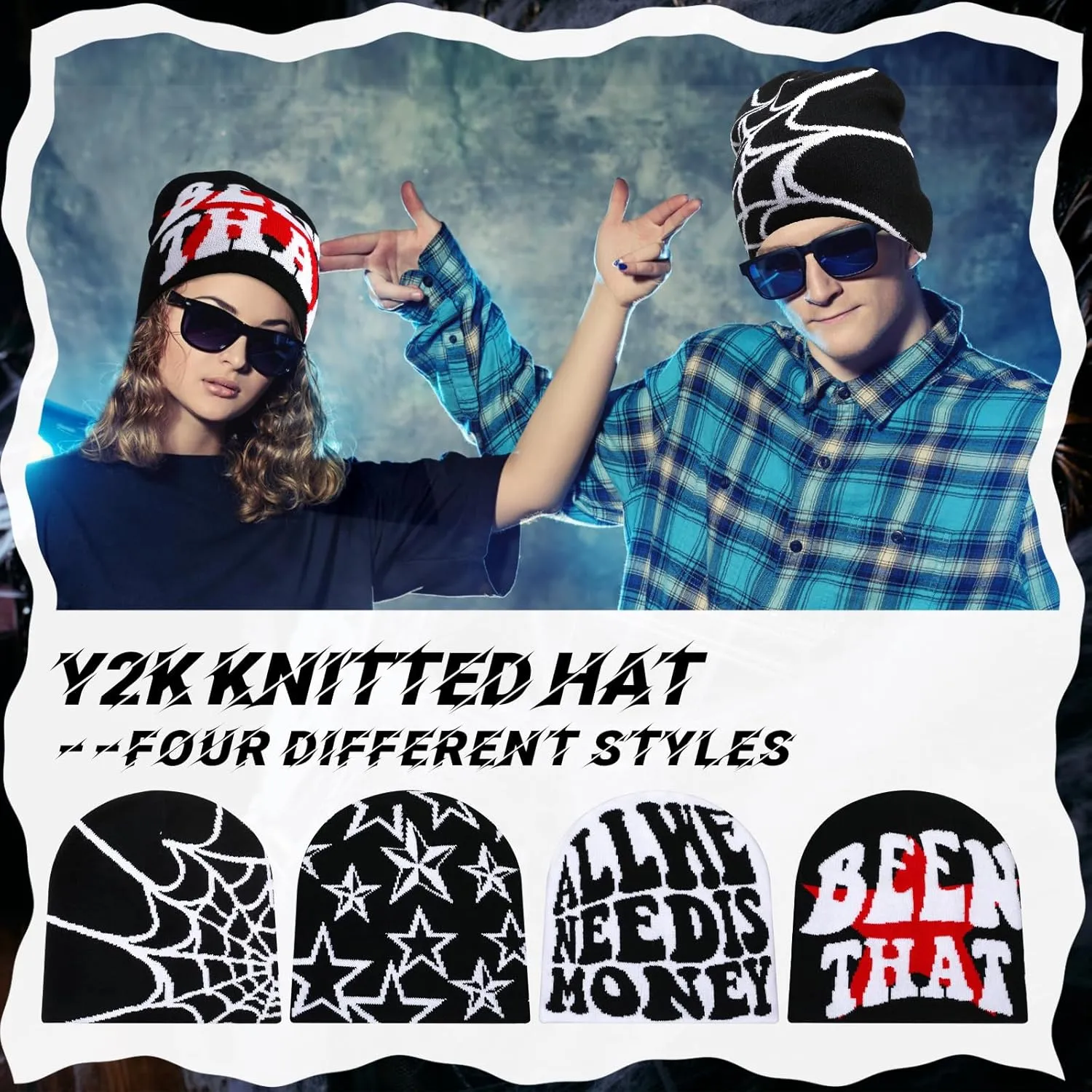 Ramede 4 Pcs Y2k Beanie Pack - Double Sided Graphic Beanies for Men and Women, Acrylic Knitted Y2k Hats Accessories