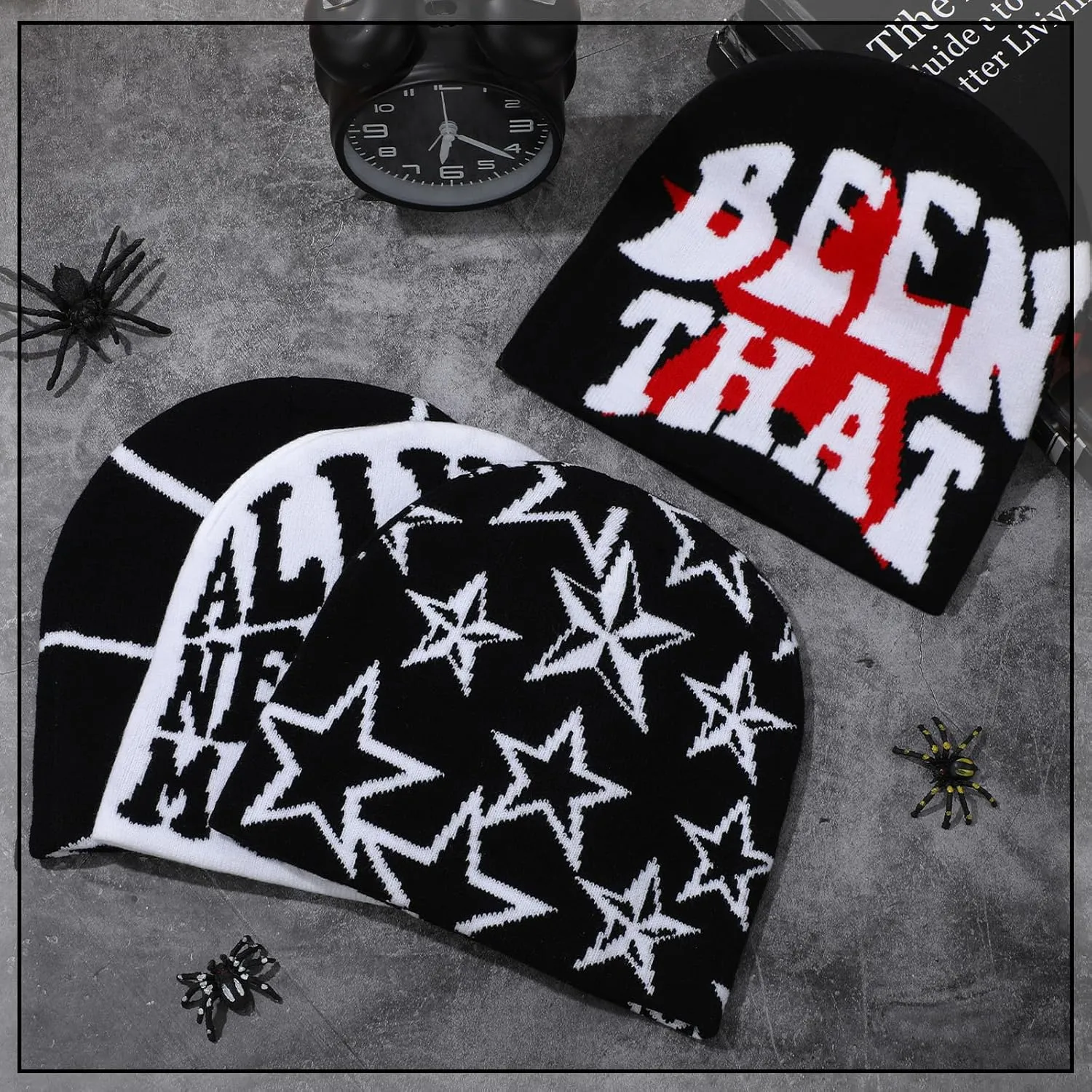 Ramede 4 Pcs Y2k Beanie Pack - Double Sided Graphic Beanies for Men and Women, Acrylic Knitted Y2k Hats Accessories