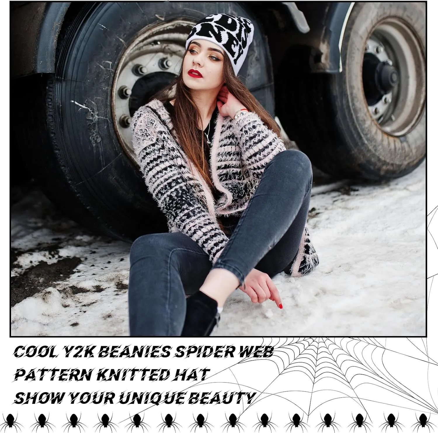 Ramede 4 Pcs Y2k Beanie Pack - Double Sided Graphic Beanies for Men and Women, Acrylic Knitted Y2k Hats Accessories