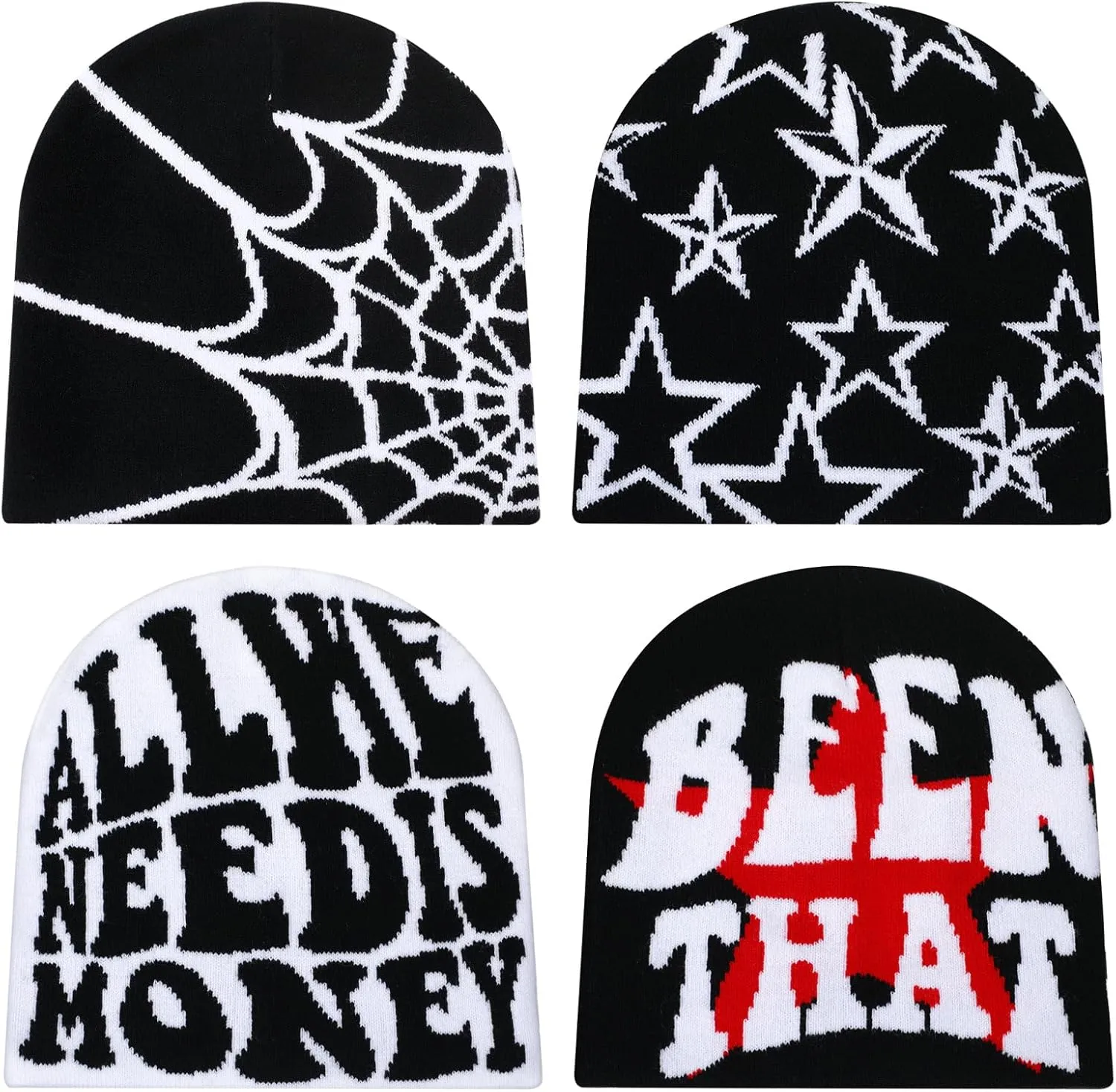 Ramede 4 Pcs Y2k Beanie Pack - Double Sided Graphic Beanies for Men and Women, Acrylic Knitted Y2k Hats Accessories