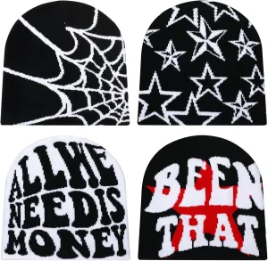 Ramede 4 Pcs Y2k Beanie Pack - Double Sided Graphic Beanies for Men and Women, Acrylic Knitted Y2k Hats Accessories