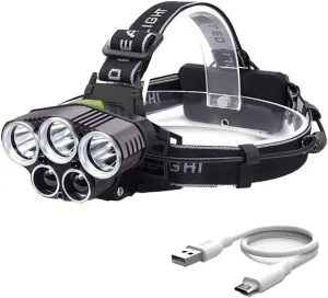 Rechargeable Headlamp,6 Mode 25000 High Lumen Bright 5 LED Headlamp with Red White Light,IPX5 Waterproof Headlights,Head Lamps for Camping Hunting Running Hiking Fishing