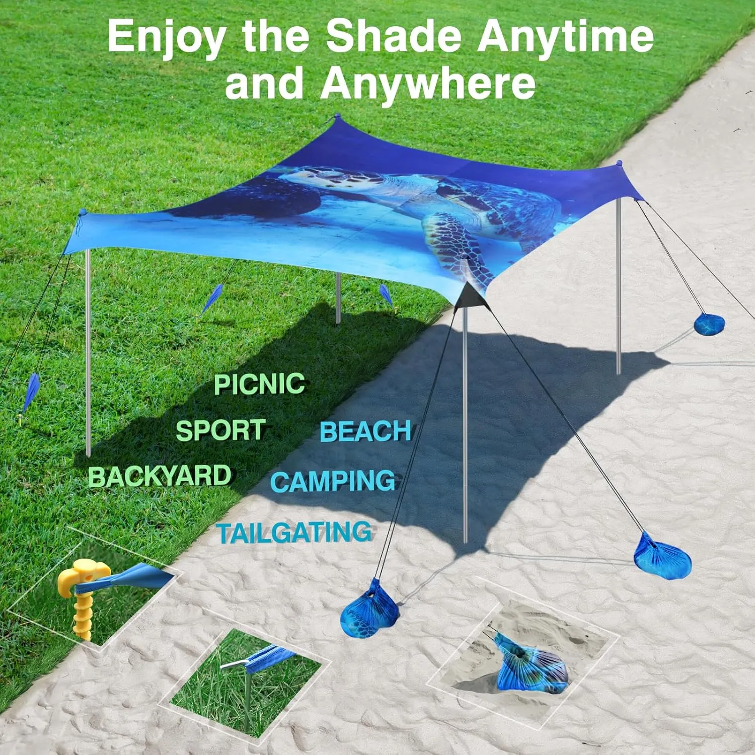 Rhino Valley Beach Tent Sun Shelter, Beach Canopy Tent Sun Shade UPF50  Protection with 8 Sandbags 4 Stability Poles, Outdoor Beach Shade Canopy for Beach, Camping, Fishing
