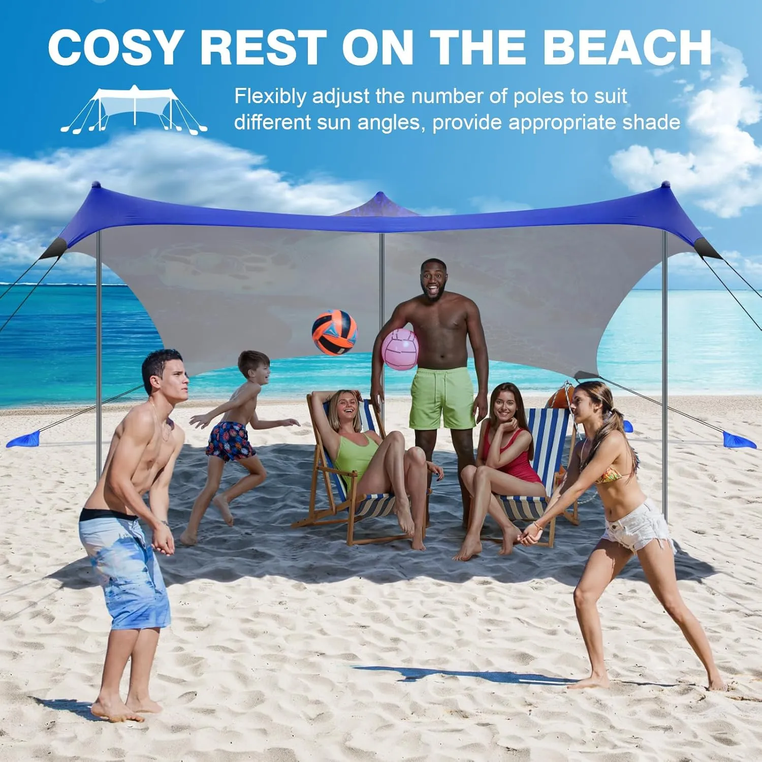 Rhino Valley Beach Tent Sun Shelter, Beach Canopy Tent Sun Shade UPF50  Protection with 8 Sandbags 4 Stability Poles, Outdoor Beach Shade Canopy for Beach, Camping, Fishing