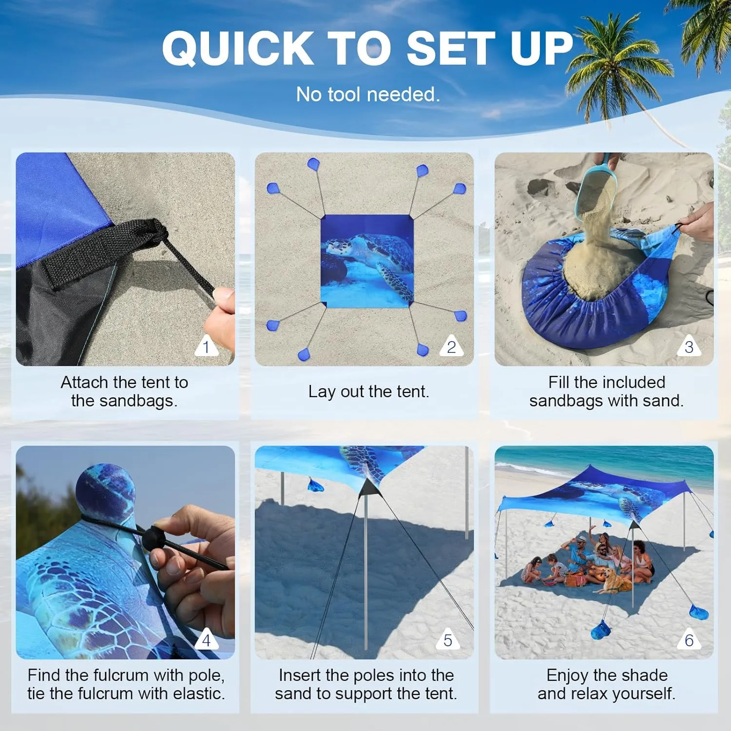Rhino Valley Beach Tent Sun Shelter, Beach Canopy Tent Sun Shade UPF50  Protection with 8 Sandbags 4 Stability Poles, Outdoor Beach Shade Canopy for Beach, Camping, Fishing
