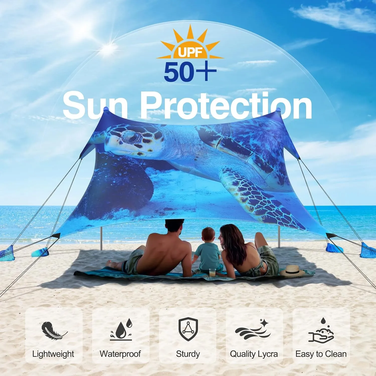 Rhino Valley Beach Tent Sun Shelter, Beach Canopy Tent Sun Shade UPF50  Protection with 8 Sandbags 4 Stability Poles, Outdoor Beach Shade Canopy for Beach, Camping, Fishing