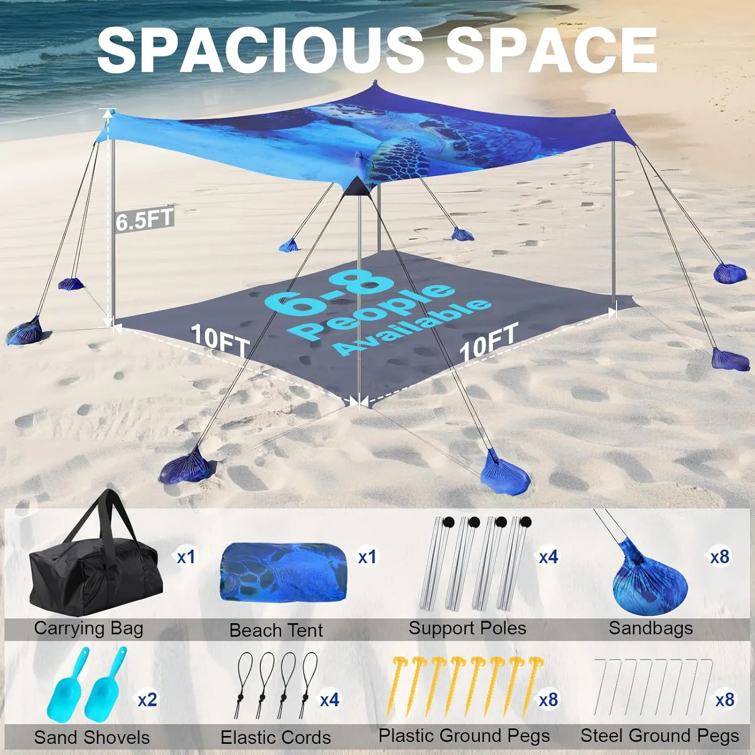 Rhino Valley Beach Tent Sun Shelter, Beach Canopy Tent Sun Shade UPF50  Protection with 8 Sandbags 4 Stability Poles, Outdoor Beach Shade Canopy for Beach, Camping, Fishing