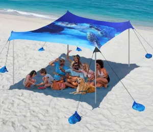 Rhino Valley Beach Tent Sun Shelter, Beach Canopy Tent Sun Shade UPF50  Protection with 8 Sandbags 4 Stability Poles, Outdoor Beach Shade Canopy for Beach, Camping, Fishing