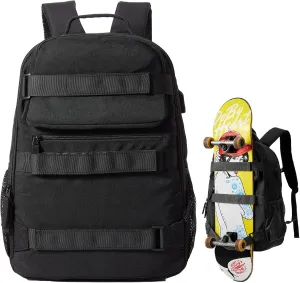 Skateboard Backpack, Large Skateboard Bag for Men and Women Laptop Bag with USB Port, for Skateboarding, College, Travel (Black)