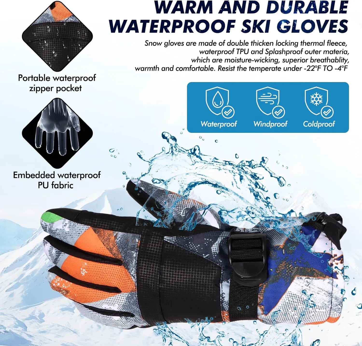 Ski Gloves, Warmest Waterproof and Breathable Snow Gloves for Cold Weather, Fits Both Men & Women,for Parent Child Outdoor