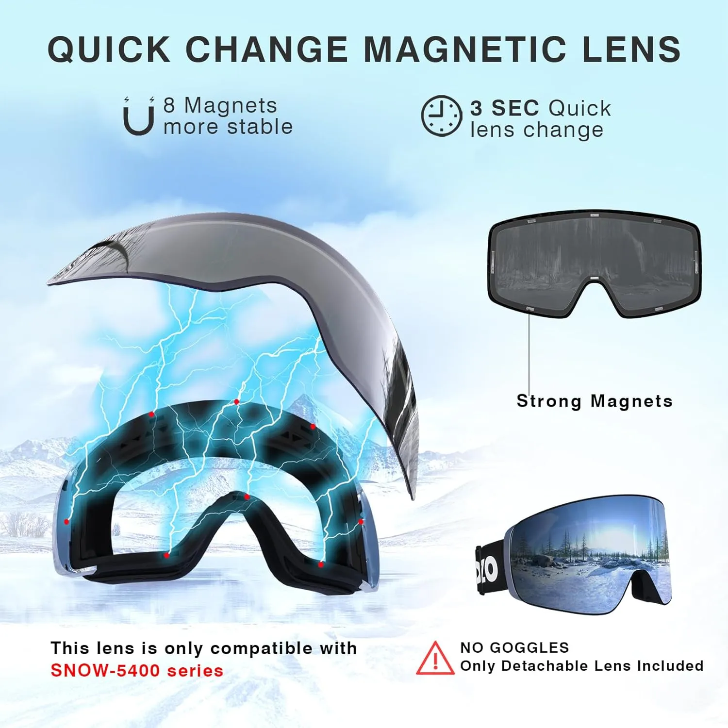Ski Goggles Anti Fog UV Protection Dual Detachable Lens Frameless Snowboard Goggles for Men Women Youth