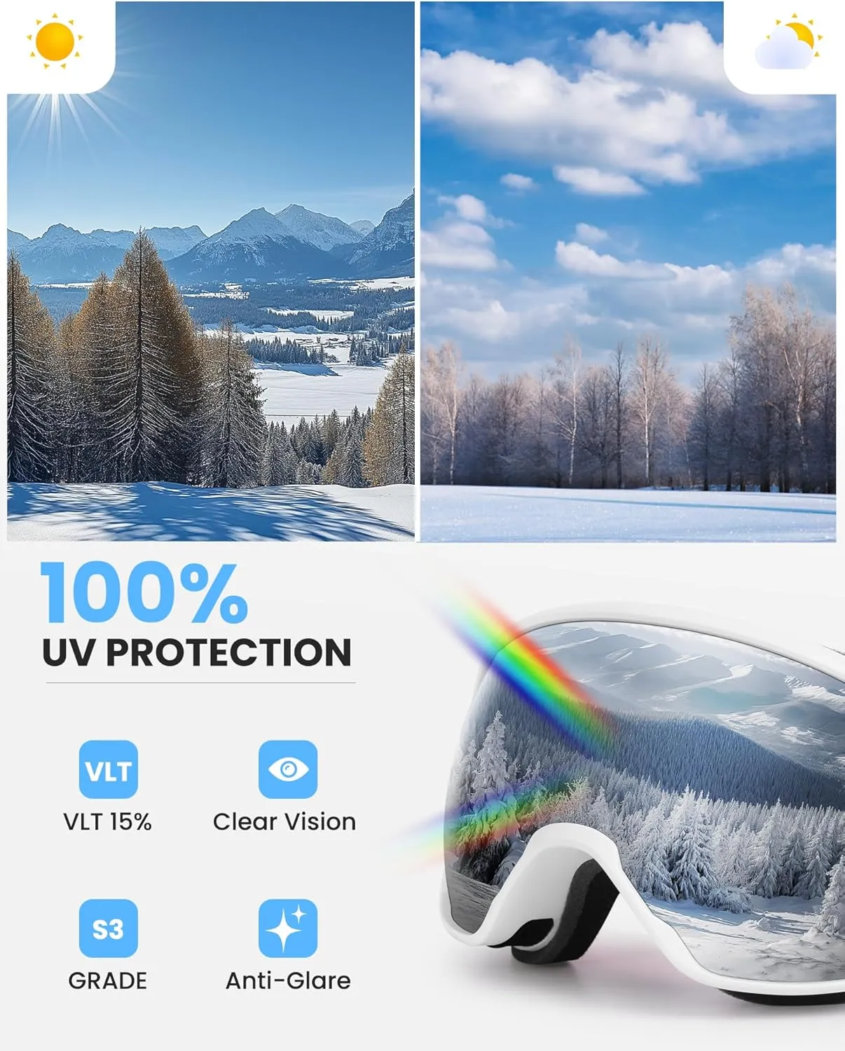 SNOWER Ski Goggles, Spherical OTG Anti-Fog Snow Goggles, HD Snowboard Goggles with UV400 Protection for Men, Women, and Youth