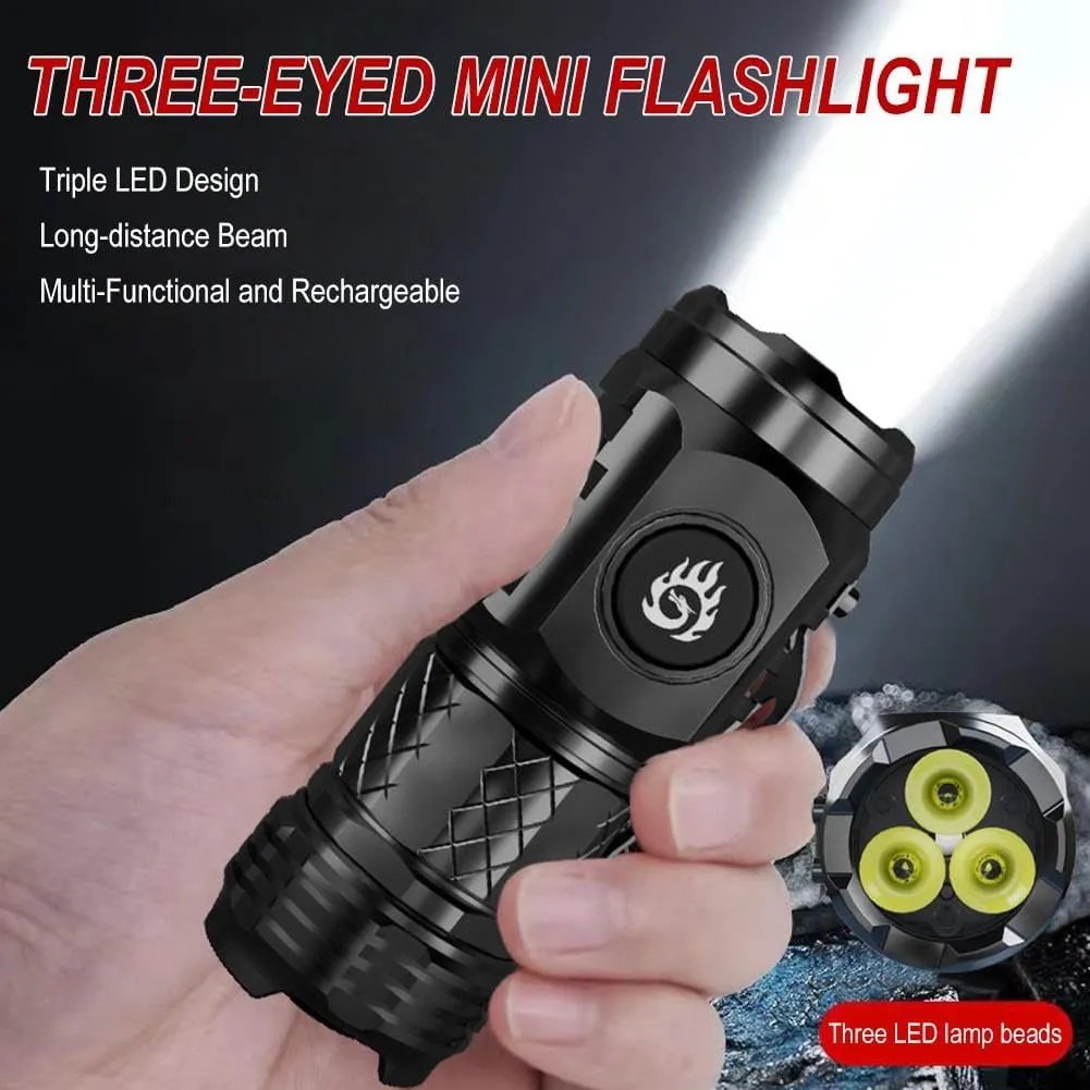 Three-Eyed Mini Flashlight, Mini Flash Super Power Flashlight, USB Chargeable LED Torchlights with Intense Lumens, Mini Petite Flash Super Power Torch, 8.1*3*2.8cm/3.12*1.2*1.1in, Black