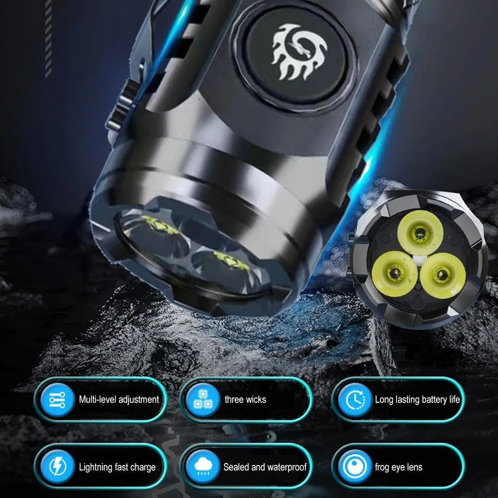 Three-Eyed Mini Flashlight, Mini Flash Super Power Flashlight, USB Chargeable LED Torchlights with Intense Lumens, Mini Petite Flash Super Power Torch, 8.1*3*2.8cm/3.12*1.2*1.1in, Black