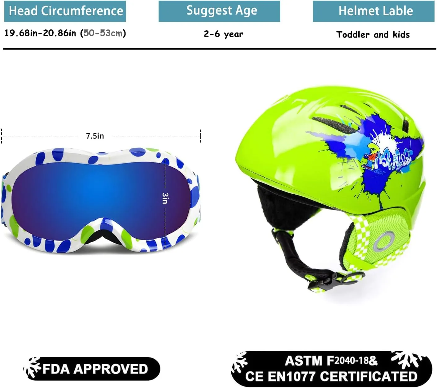 Toddler & Kids Ski Helmet Combo Pack with Googles - Lightweight, Small Size, Ages 2-6, ASTM Certified