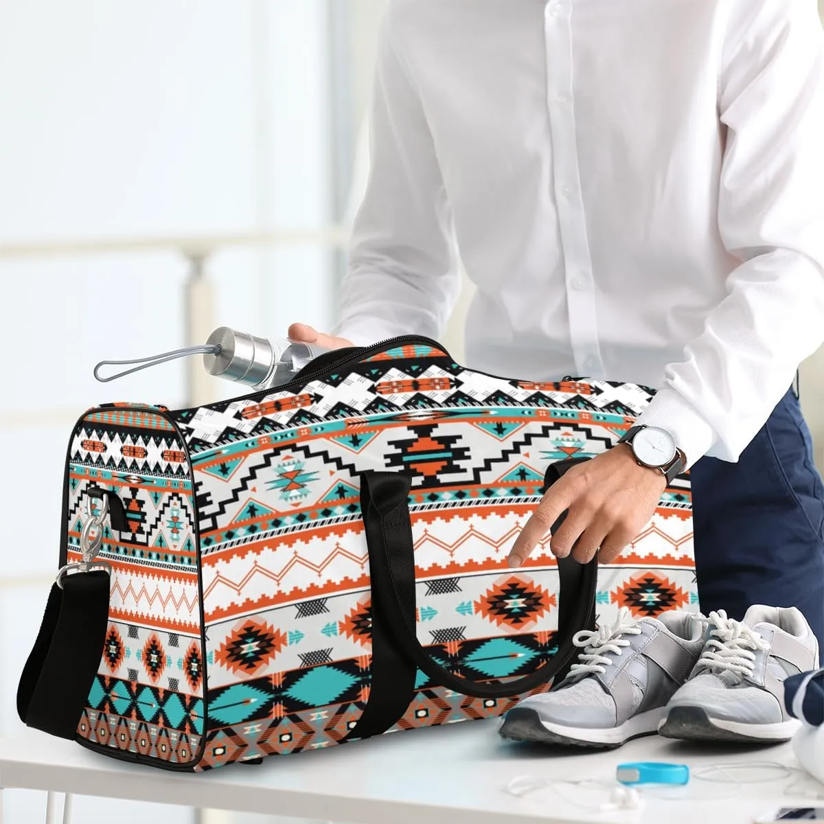 Travel Duffel Bag for Women Men Aztec Western Ethnic Geometry Sport Gym Tote Bag Lightweight Weekender Overnight Bag Workout Bag Waterproof Foldable Carry on Luggage Handbag for Traveling Yoge