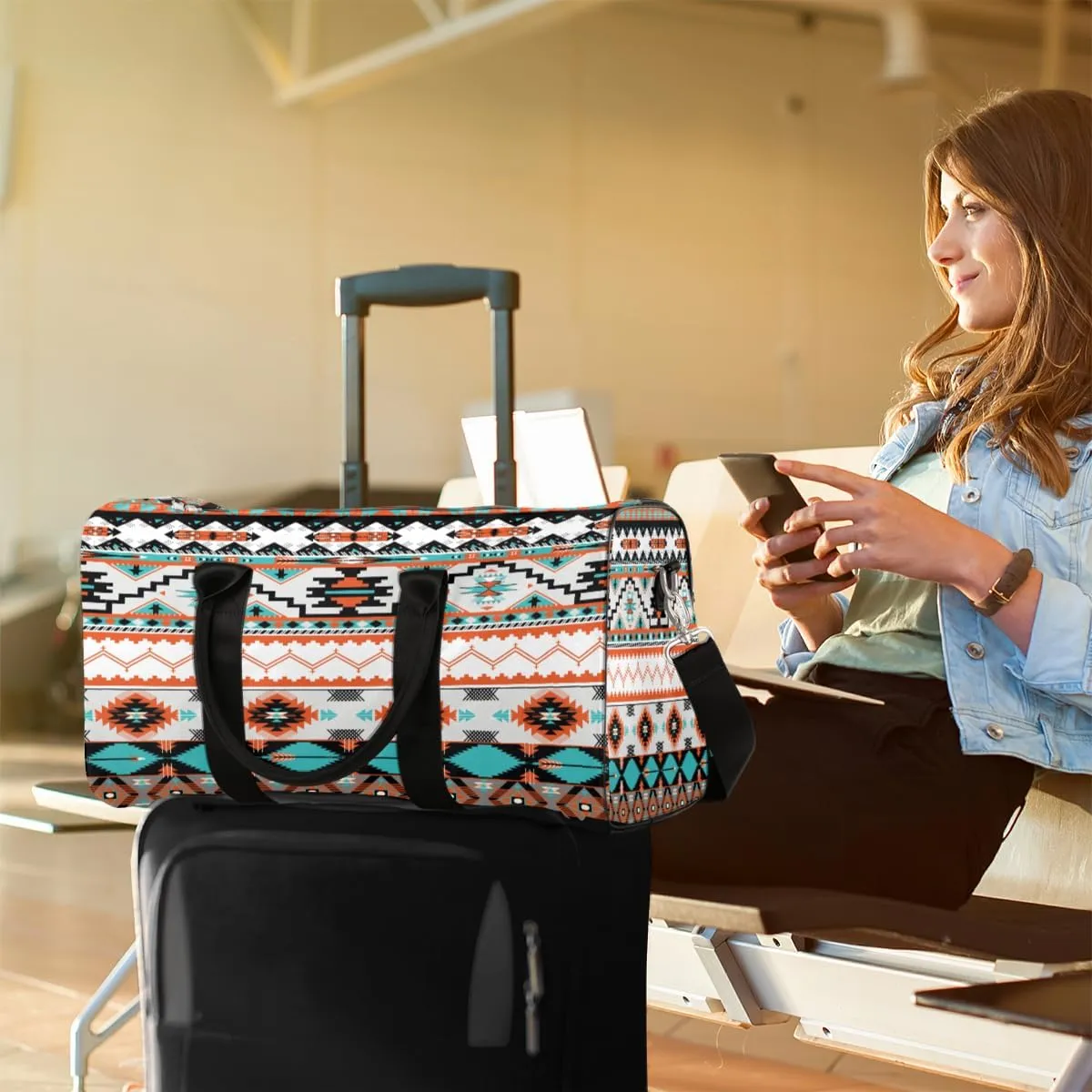 Travel Duffel Bag for Women Men Aztec Western Ethnic Geometry Sport Gym Tote Bag Lightweight Weekender Overnight Bag Workout Bag Waterproof Foldable Carry on Luggage Handbag for Traveling Yoge