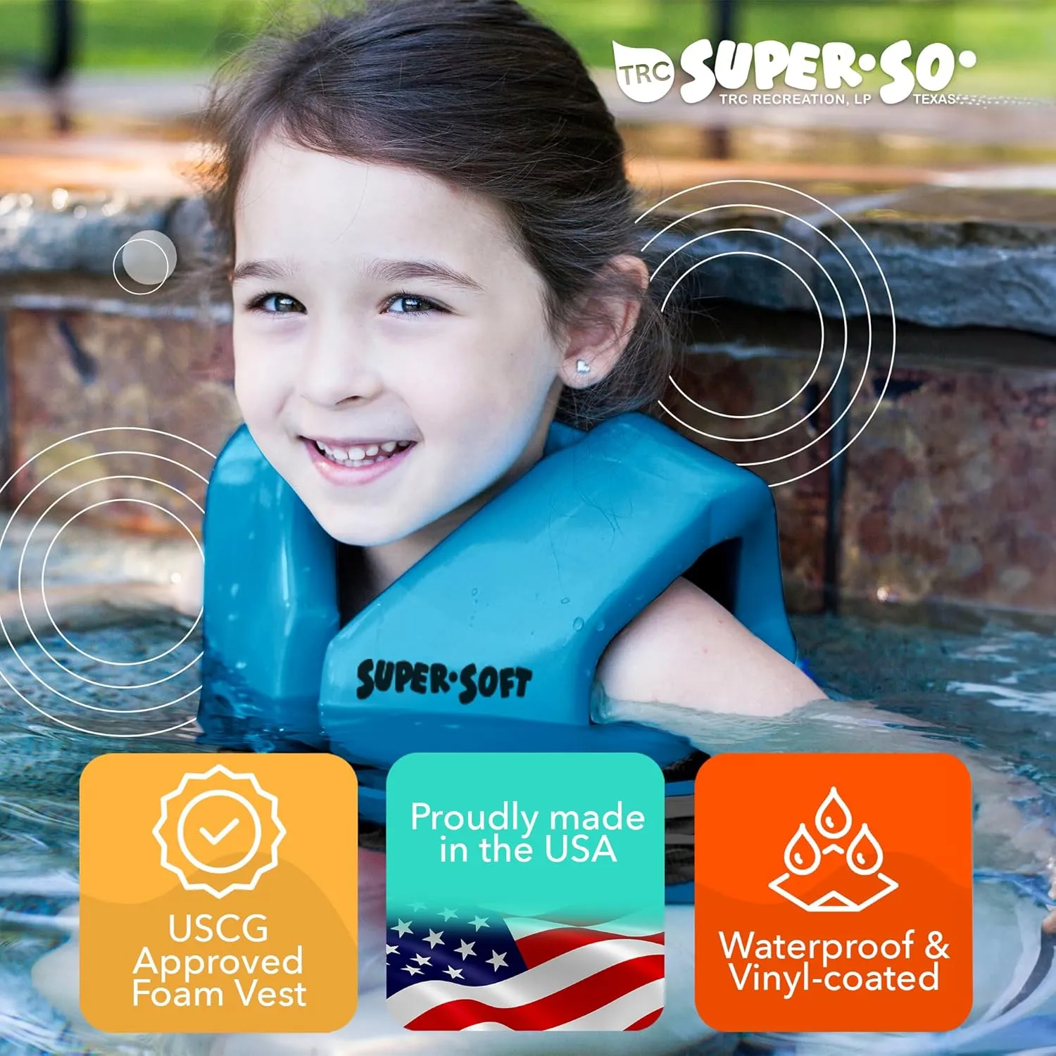 TRC Recreation Super Soft Child Size X Small Life Jacket USCG Approved Vinyl Coated Foam Swim Vest for Kids Swimming Pool and Beach Gear, Marina Blue