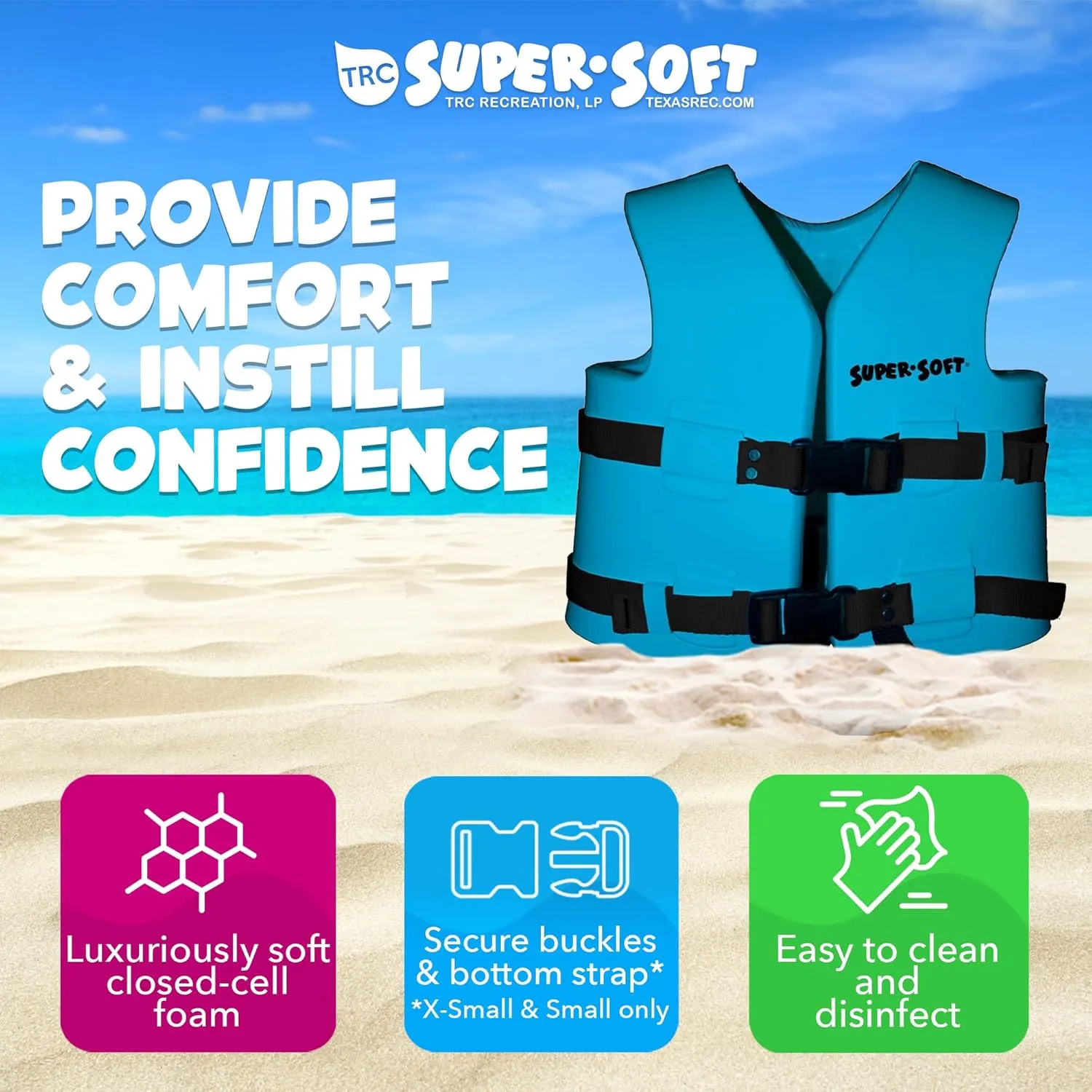 TRC Recreation Super Soft Child Size X Small Life Jacket USCG Approved Vinyl Coated Foam Swim Vest for Kids Swimming Pool and Beach Gear, Marina Blue