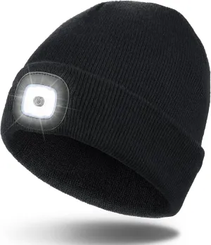 Unisex LED Beanie,USB Rechargeable Winter Flashlight,Christmas Beanie with a Light for Men Black
