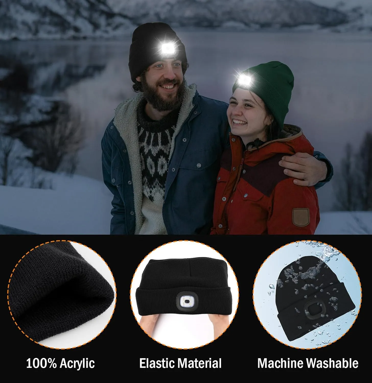 Unisex LED Beanie,USB Rechargeable Winter Flashlight,Christmas Beanie with a Light for Men Black