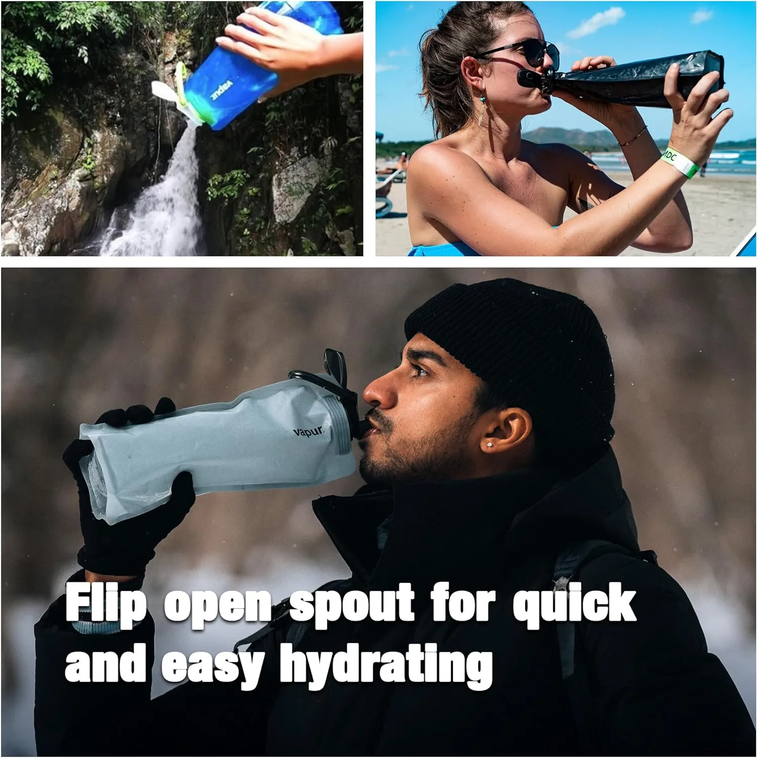 Vapur Collapsible Water Bottle With Carabiner, Compact Bottle Folds Flat For Hydration On The Go, Ideal for Traveling, Hiking or Camping, 34 Ounce, Burgundy, Pack of 1