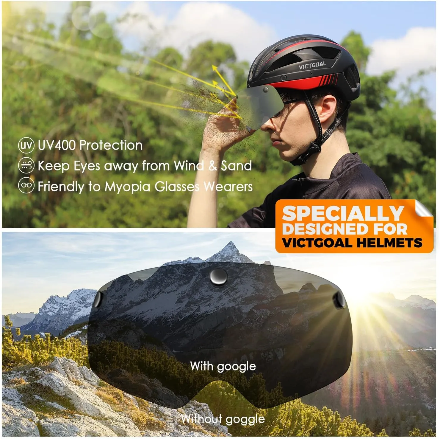 VICTGOAL Detachable Magnetic Bike Helmet Goggles Visor Especially Deisgned for VG110/VG112 Bicycle Helmet