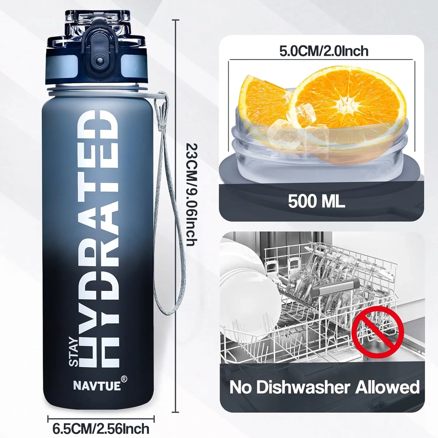 Water Bottle, 16oz Sports Water Bottles with Time Marker Wide Mouth, Motivational and Leakproof Drink Bottle, BPA Free Tritan with Carry Strap for Gym Fitness Outdoor(Direct Drink)