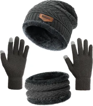 Winter Beanie Hat Circle Scarf Touchscreen Gloves Set, Snow Knit Skull Cap, Warm Thick Fleece Lined Neck Warmer for Men Women