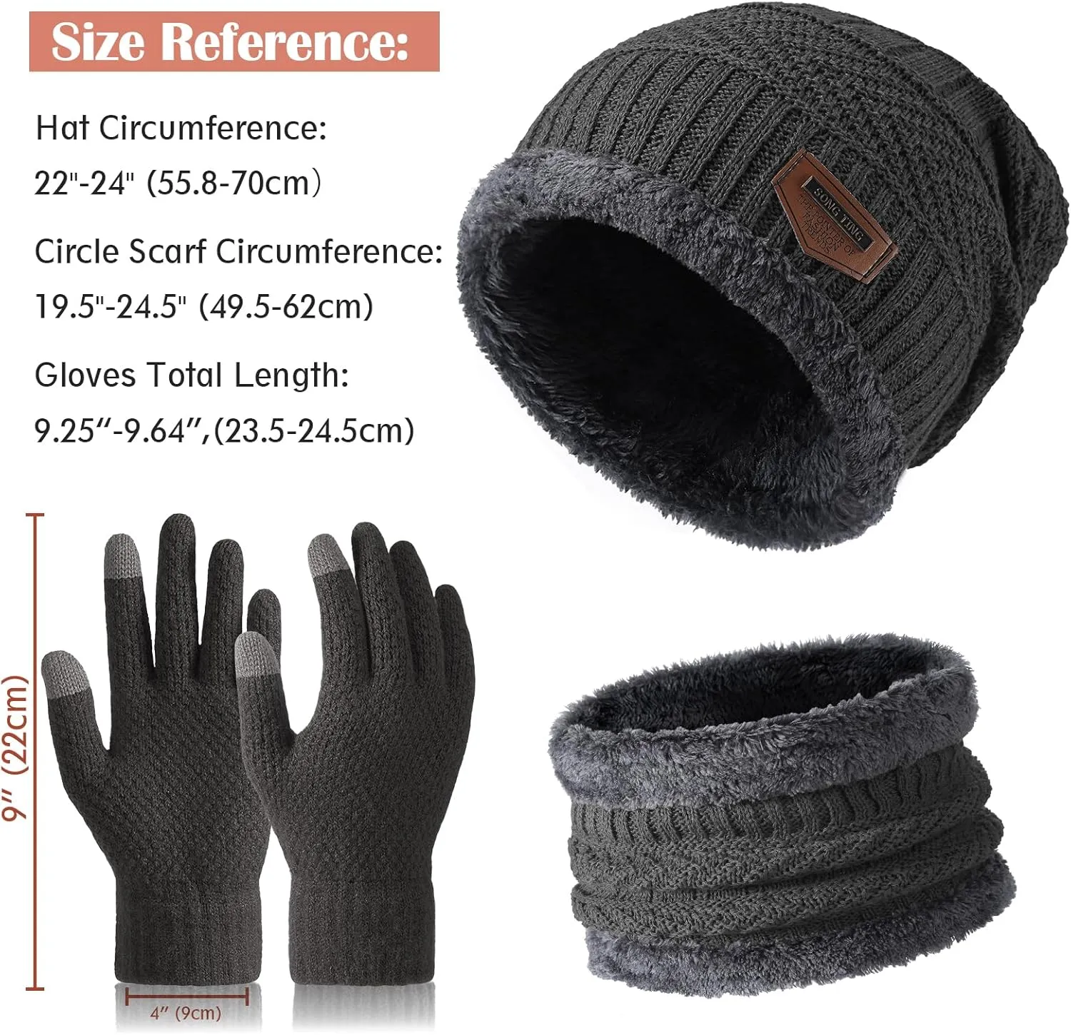 Winter Beanie Hat Circle Scarf Touchscreen Gloves Set, Snow Knit Skull Cap, Warm Thick Fleece Lined Neck Warmer for Men Women