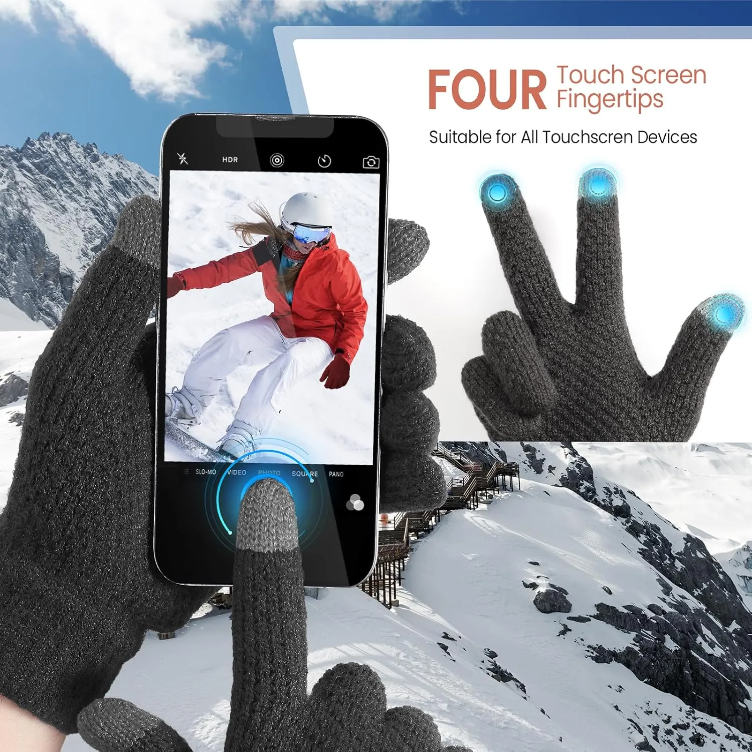 Winter Beanie Hat Circle Scarf Touchscreen Gloves Set, Snow Knit Skull Cap, Warm Thick Fleece Lined Neck Warmer for Men Women