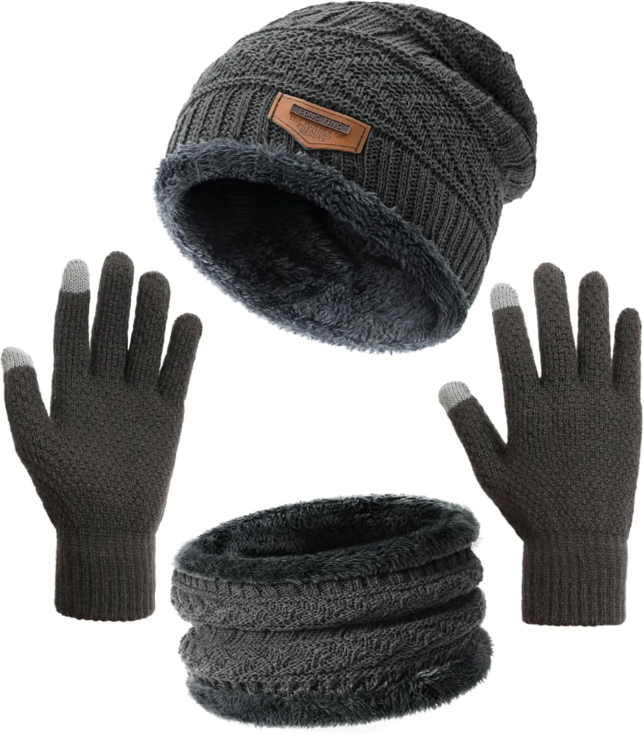Winter Beanie Hat Circle Scarf Touchscreen Gloves Set, Snow Knit Skull Cap, Warm Thick Fleece Lined Neck Warmer for Men Women