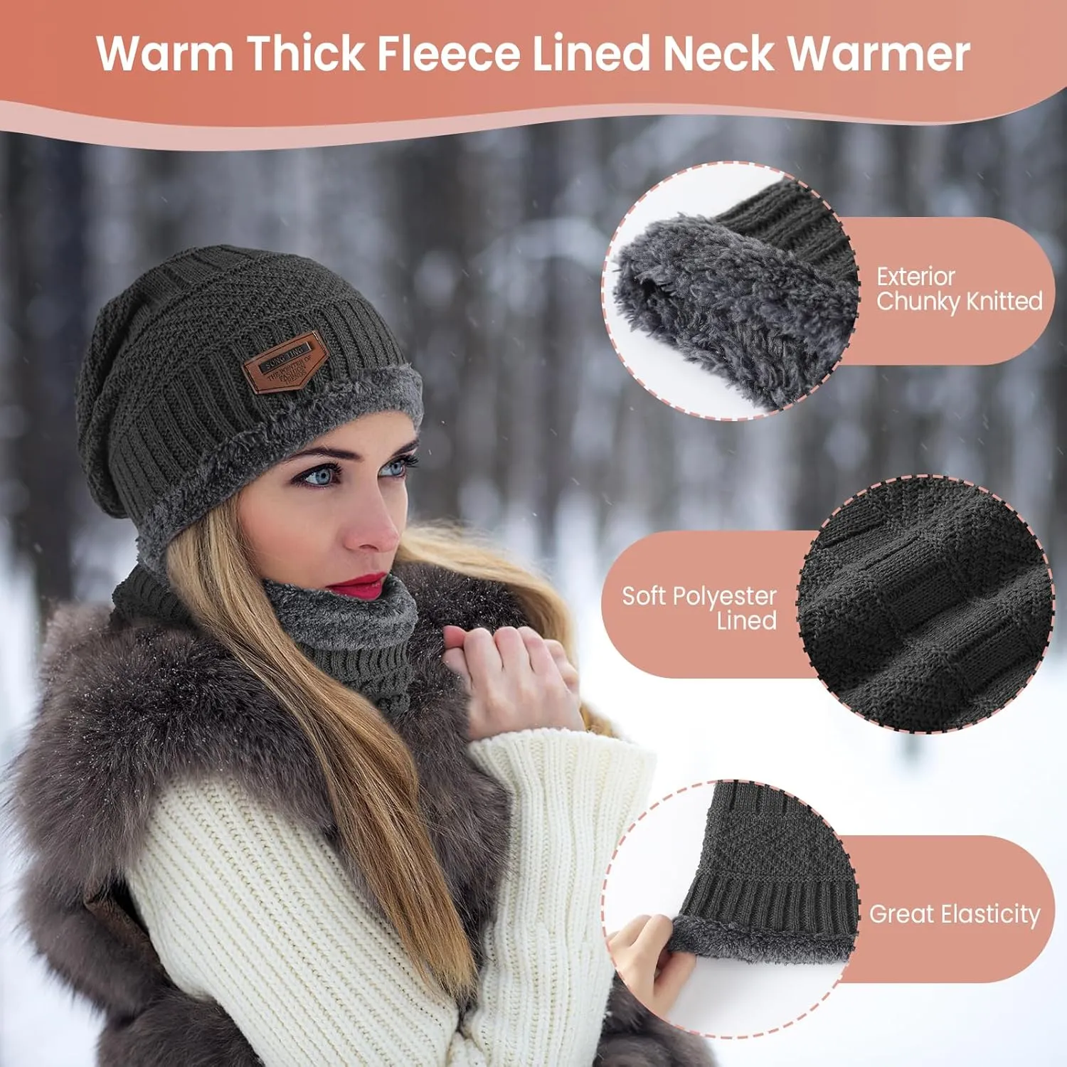 Winter Beanie Hat Circle Scarf Touchscreen Gloves Set, Snow Knit Skull Cap, Warm Thick Fleece Lined Neck Warmer for Men Women