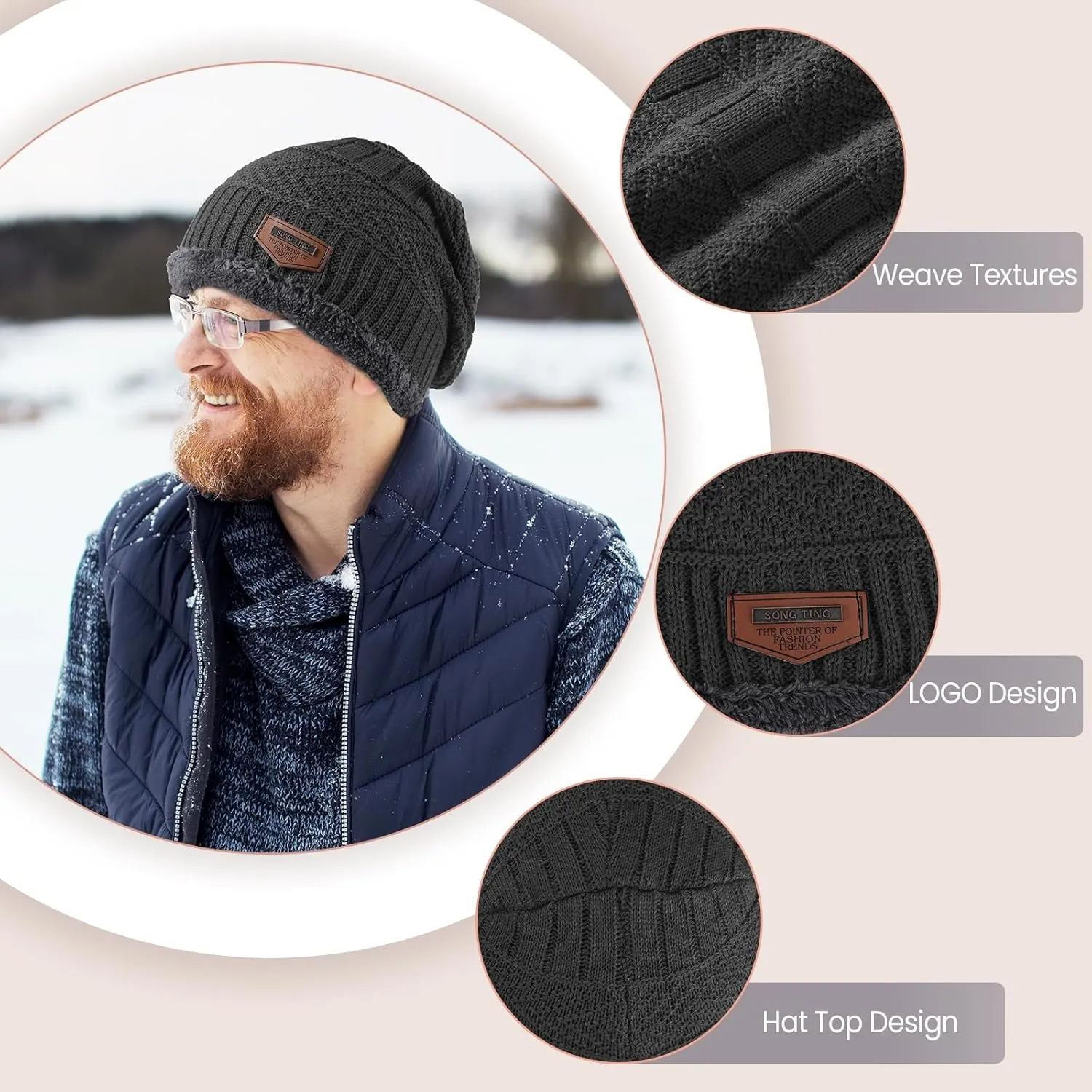 Winter Beanie Hat Circle Scarf Touchscreen Gloves Set, Snow Knit Skull Cap, Warm Thick Fleece Lined Neck Warmer for Men Women