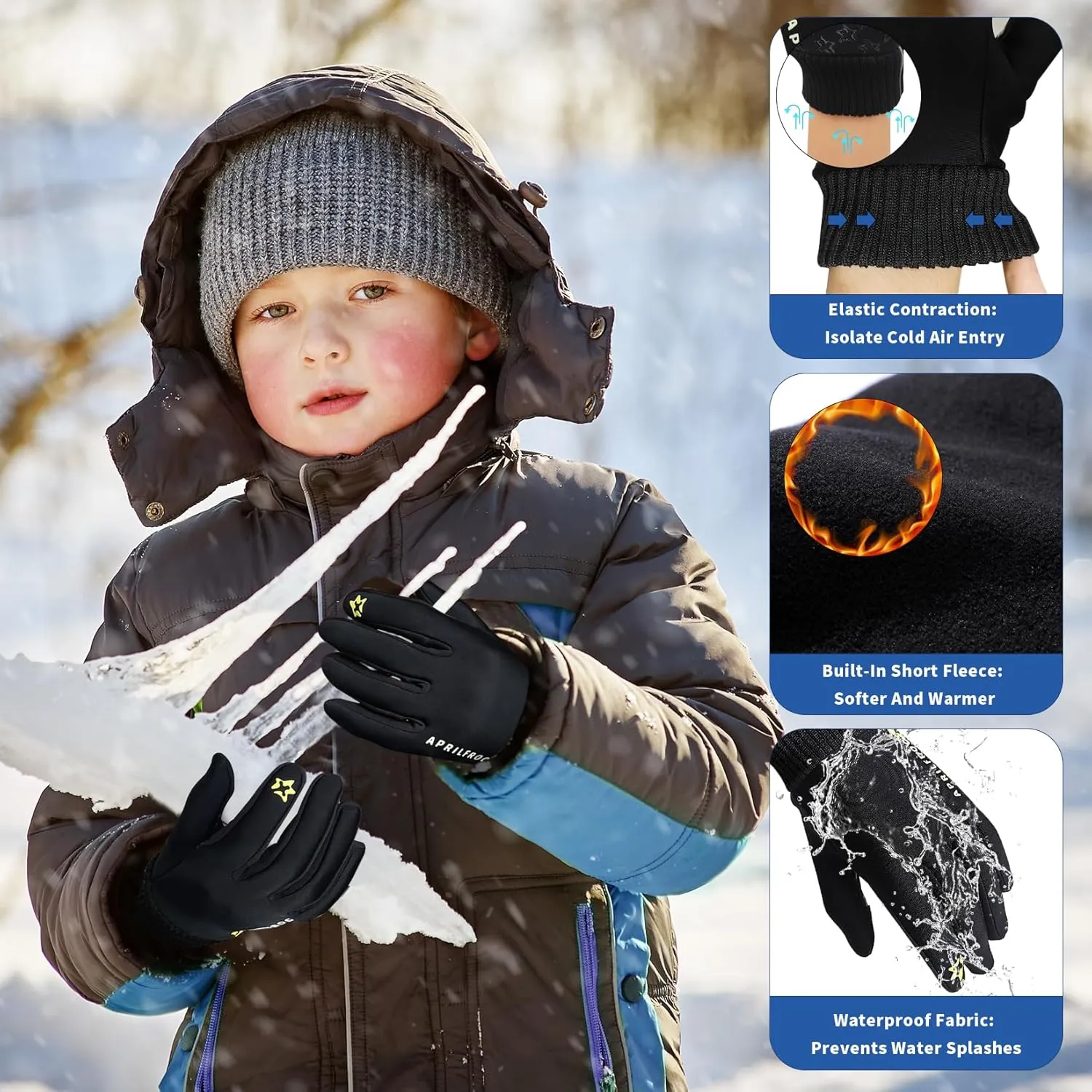 Winter Kids Warm Sports Gloves: Cold Weather Water Resistant Touchscreen Fleece Soft Lining Children Mittens for Boys Girls 6-14 Years
