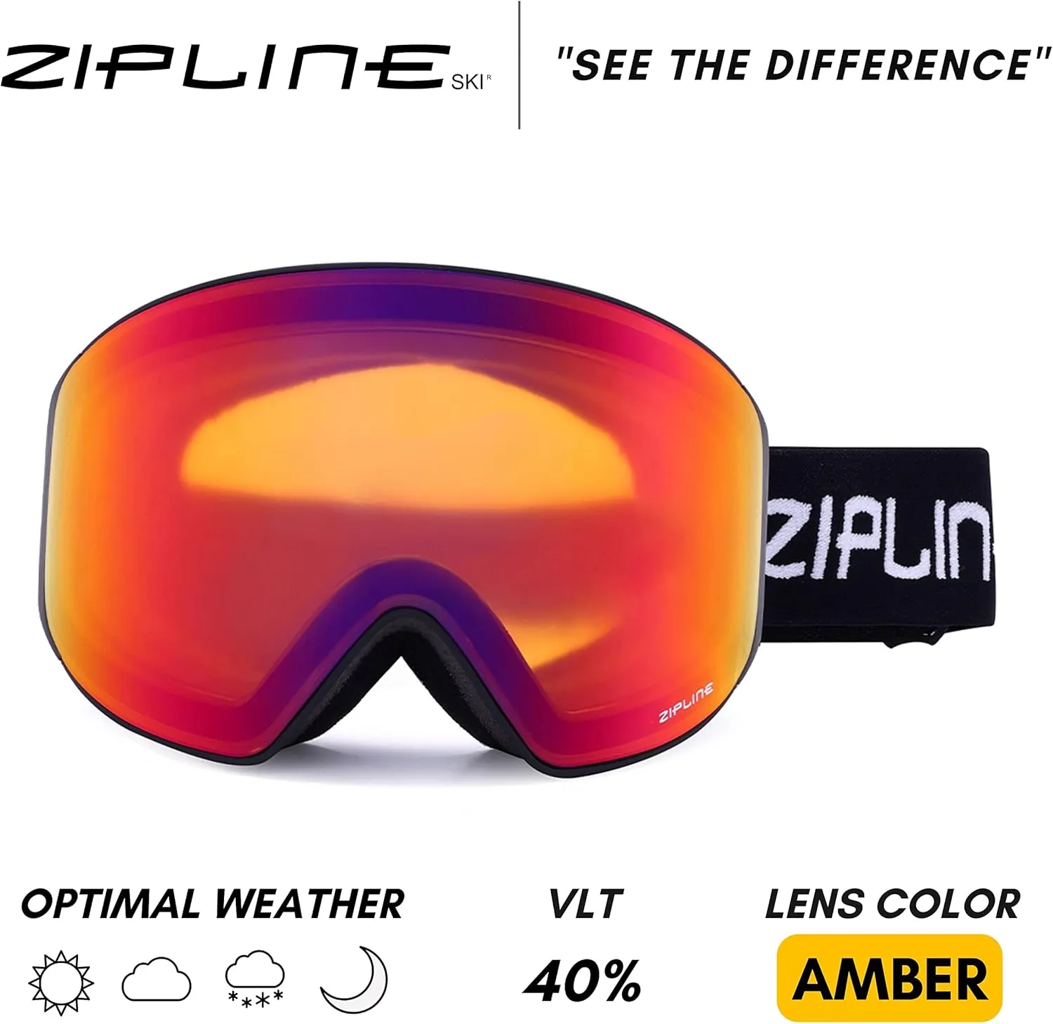 Zipline Podium XT Ski Goggles - No Fog Magnetic Lenses, Double Cylindrical Polycarbonate, Easy Lens Change
