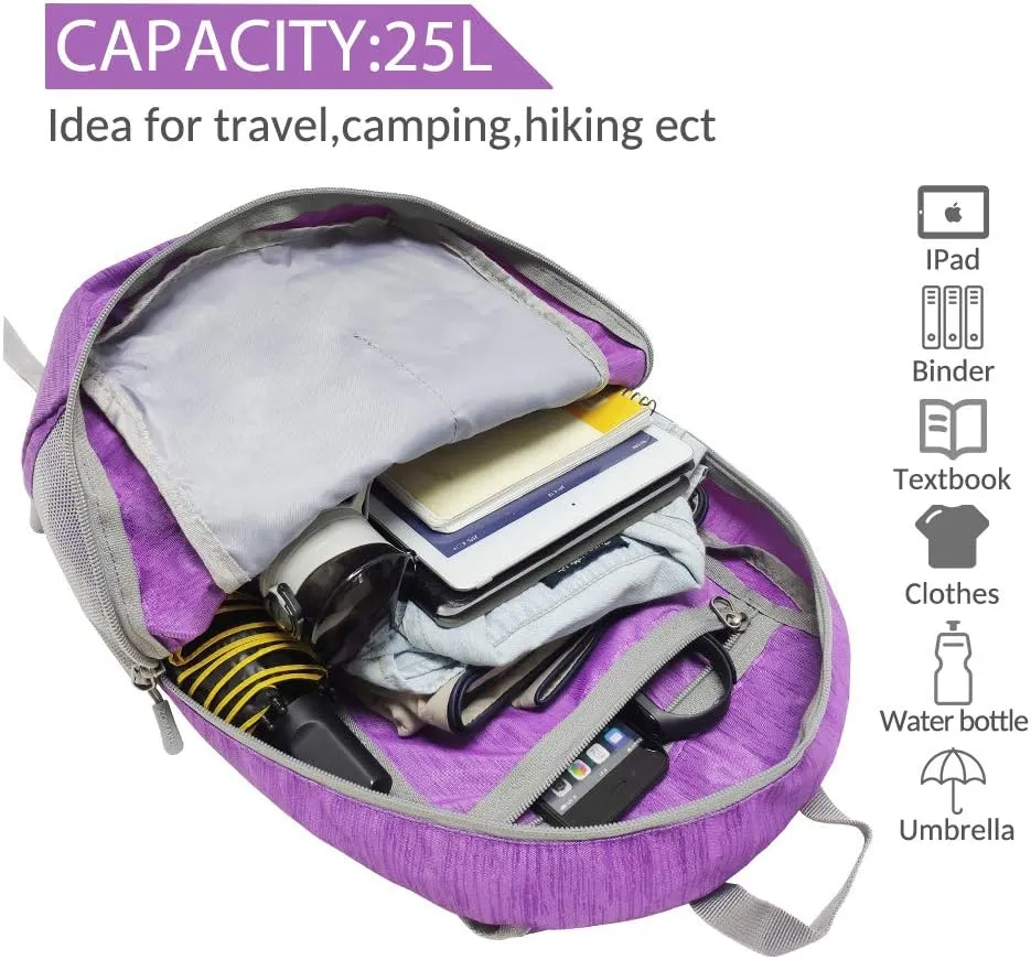 ZOMAKE 25L Ultra Lightweight Packable Backpack, Foldable Hiking Backpacks Water Resistant Small Folding Daypack for Travel(Purple)