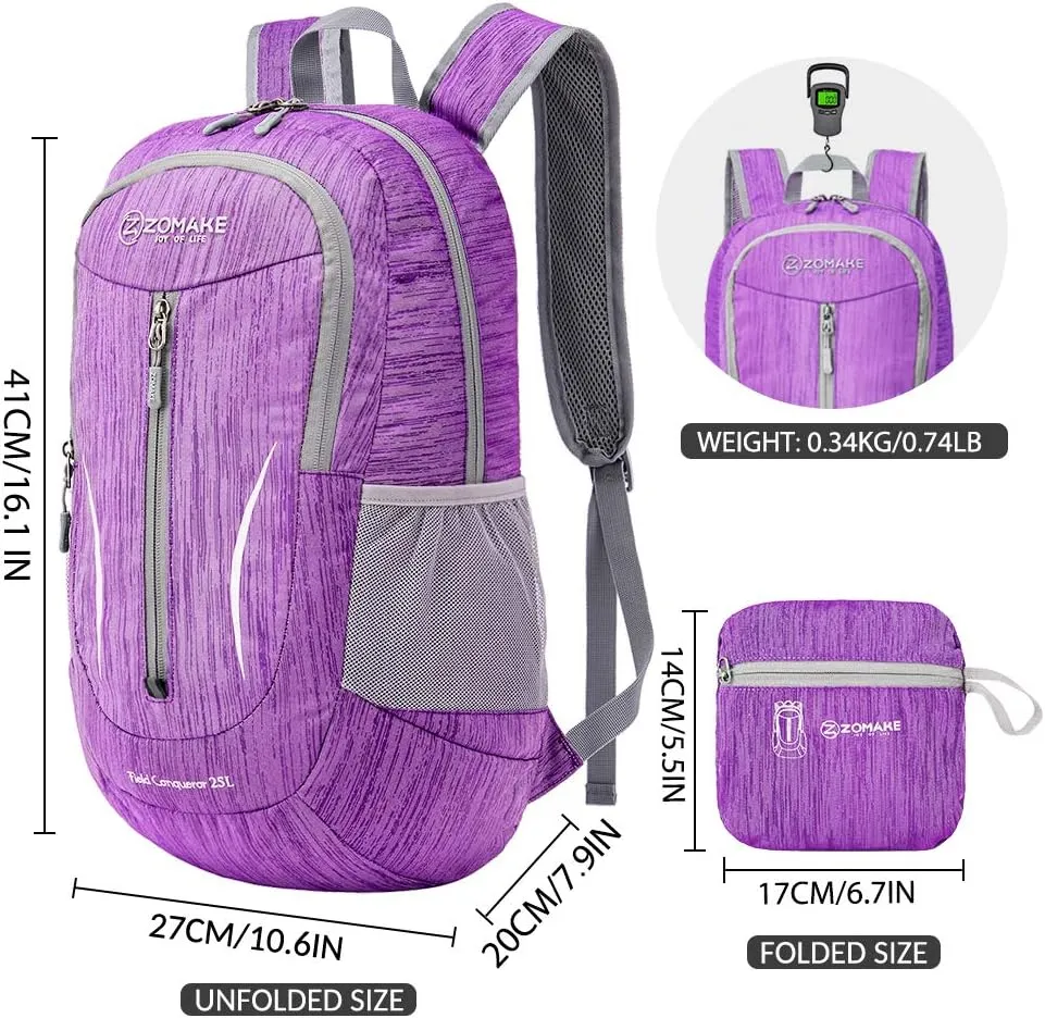 ZOMAKE 25L Ultra Lightweight Packable Backpack, Foldable Hiking Backpacks Water Resistant Small Folding Daypack for Travel(Purple)